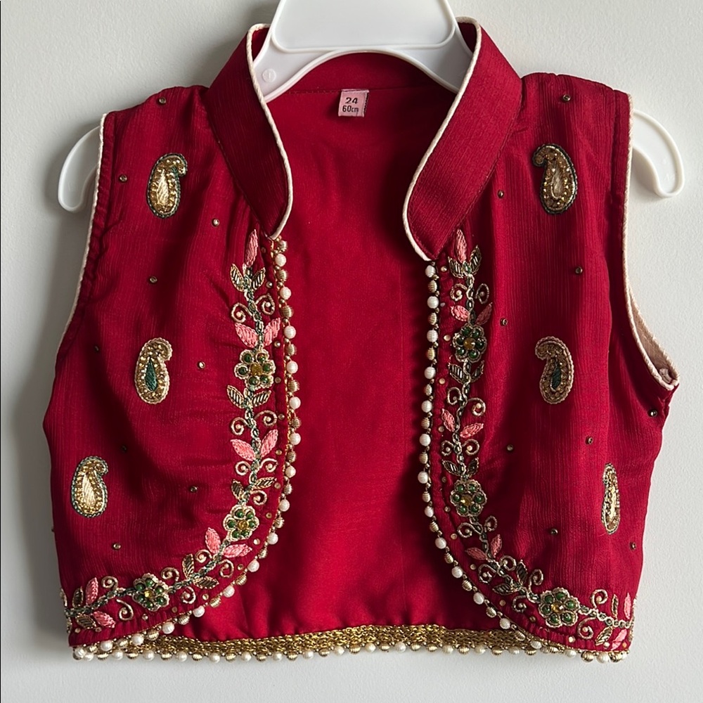 4 Piece Elegant Red and Cream Kids Punjabi Salwar Suit - Picture 8 of 10